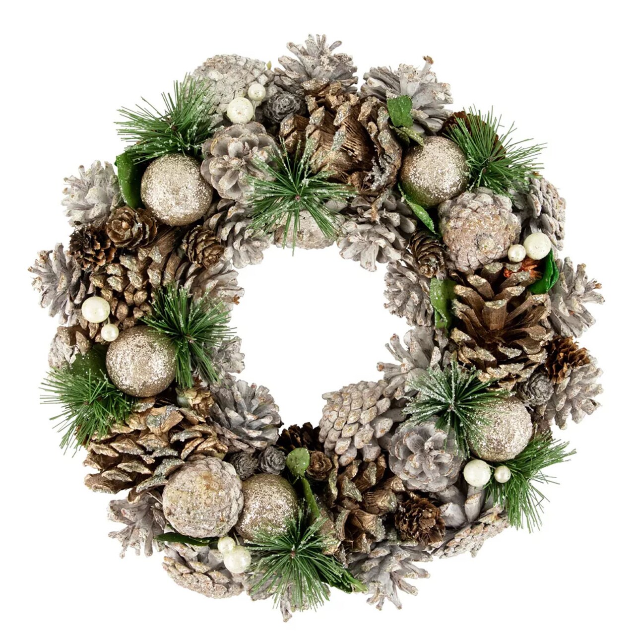 13.5" Green Pine Needle Christmas Wreath with Pinecones Unlit Holiday Decoration